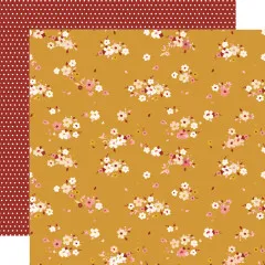 Doppelseitiges 12x12 Designerpapier: kleinteiliges rosa-cremefarbenes Blumenmuster auf Senfgelb, Rückseite rote Punkte auf Bordeaux