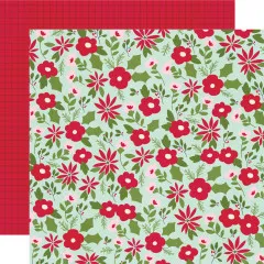 Doppelseitiges 12x12 Designerpapier: Poinsettien und Stechpalmen auf mintgrünem Grund, Rückseite rotes Karo