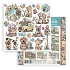 8x8-Designpapier mit Hunden, Katzen, Lieferwagen, Vogelhaus und Herzen zum Ausschneiden