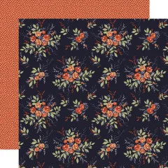 Doppelseitiges Designpapier mit dunklem Blumenmuster in Orange-Tönen und einer Rückseite mit orangefarbenen Punkten.