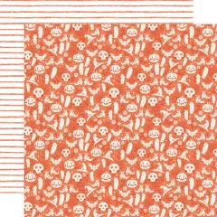 Doppelseitiges Designpapier mit Halloween-Motiven (Kürbis, Geist, Totenkopf, Hexenhut) auf Orange und einer gestreiften Rückseite.