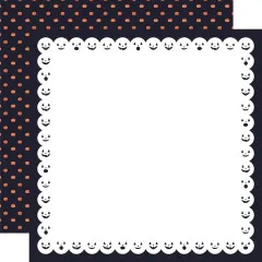Doppelseitiges Designpapier mit Kürbis-Punktemuster auf Navy und einem gezackten Rahmen aus Jack-o'-Lantern-Gesichtern.