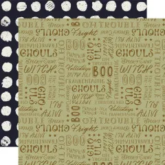 Doppelseitiges Designpapier mit runden Wachssiegel-Motiven auf Navy und einer Rückseite mit Halloween-Wortmuster in Olivgrün.