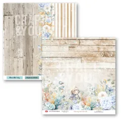 Doppelseitiges Designpapier mit Holzdielen-Blumenrand-Vorderseite und Taucherjunge-Strand-Rückseite