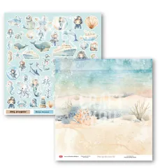 Doppelseitiges Designpapier mit Meerestier-Stickerbogen-Vorderseite und Sandstrand-Küstenszene-Rückseite
