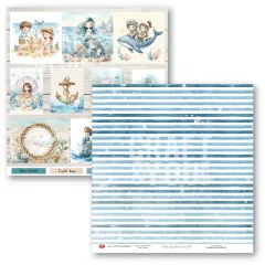 Doppelseitiges Designpapier mit Fotokarten-Collage-Vorderseite und blauem Streifen-Rückseite