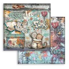 8x8-Designpapier mit sich umarmenden Katzen vor Funky-Graffiti, Rückseite mit Herzen und Yoo