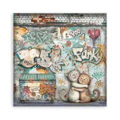 8x8-Designpapier mit sich umarmenden Katzen und Container vor Funky-Graffiti-Wand
