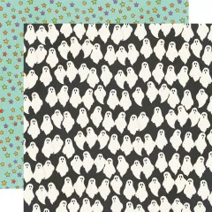 Doppelseitiges Designpapier mit Reihen weißer Geister auf Schwarz, Rückseite mit buntem Sternenmuster auf Mint