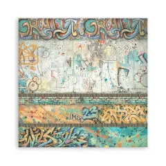 8x8-Designpapier mit verwitterter Wand und bunten Graffiti-Bordüren oben und unten