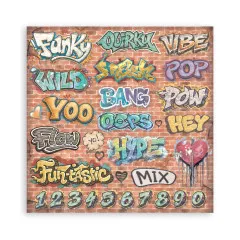 8x8-Designpapier mit Graffiti-Wörtern wie Funky, Vibe, Pop, Yoo und Zahlen auf Ziegelwand
