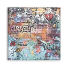 12x12-Designpapier mit bunter Ziegelwand, Herz, Blumen und Schriftzügen Crash und Yoo