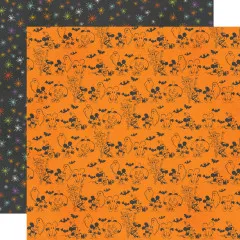 Doppelseitiges Designpapier mit orangefarbenem Halloween-Silhouetten-Muster (Mickey, Minnie, Vogelscheuche, Gespenster), Rückseite mit buntem Feuerwerksmuster auf Schwarz