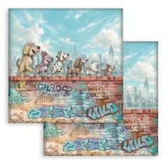 8x8-Designpapier mit Hunden, die auf einer Graffiti-Mauer vor der Skyline laufen