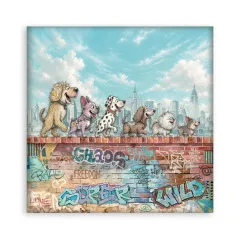 12x12-Designpapier mit Hunden auf einer Graffiti-Mauer vor der Skyline