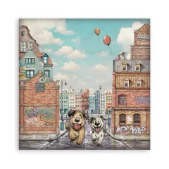 12x12-Designpapier mit zwei lachenden Hunden und Luftballons in einer Altstadtstraße