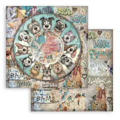 8x8-Designpapier mit Hundeköpfen im Kreis um eine Ziegelwand und Graffiti-Collage