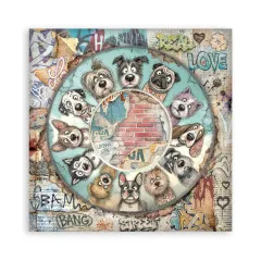 12x12-Designpapier mit Hundeköpfen im Kreis um eine Ziegelwand und Graffiti-Collage