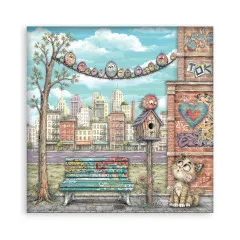 8x8-Designpapier mit Parkbank, Vogelhaus, Vogelgirlande, Katze und Stadtkulisse