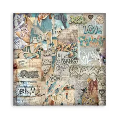 8x8-Designpapier mit abgerissenen Plakaten, Zeitungsfetzen und Graffiti-Wörtern wie Love und Bang