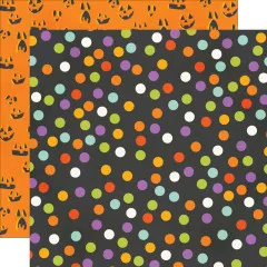 Doppelseitiges Designpapier mit bunten Punkten auf Schwarz, Rückseite mit Kürbisgesichter-Muster auf Orange