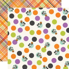 Doppelseitiges Designpapier mit bunten Punkten und Mickey/Minnie-Motiven auf Creme, Rückseite mit orange-lila Karomuster