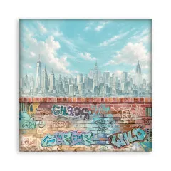 12x12-Designpapier mit Großstadt-Skyline über einer Graffiti-Mauer