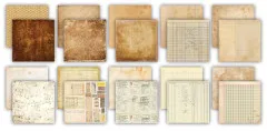 Übersicht der Papiere: gealterte Brauntöne, Rautenmuster, Handschrift, Kontobuch- und Rasterseiten