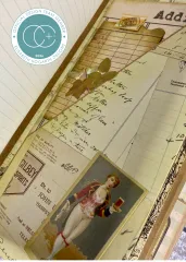 Journaldetail mit handschriftlicher Kontobuch-Seite und Vintage-Figur