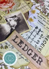 Journalcollage mit Schwarz-Weiß-Foto, Blüten und Etikett Ledger