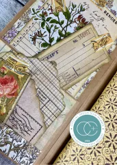 Collage mit Receipt-Tag, Nummernticket, Rose und Rasterpapier