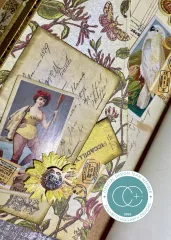 Journalcollage mit Vintage-Figur, Sonnenblume, Kakadu und Tickets
