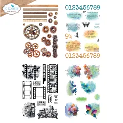 Vier Rub-On-Bogen der Kollektion „Layers of Time“: Lineale und Zahnräder, Zahlen mit Sprüchen, Filmstreifen-Motive sowie Aquarell-Blumen und Schmetterlinge im Überblick.