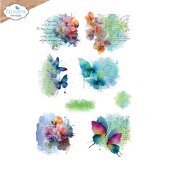 Rub-On-Bogen mit Aquarell-Blüten und bunten Schmetterlingen auf Vintage-Schreibschrift-Hintergrund.