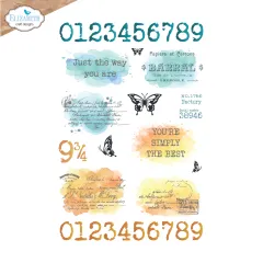 Rub-On-Bogen mit Zahlen 0-9 in Türkis und Orange sowie Vintage-Sprüchen wie „Just the way you are“ und „You’re simply the best“.