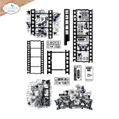 Rub-On-Bogen mit Filmstreifen-, Kino-Ticket- und Schmetterlings-Motiven im Vintage-Stil.