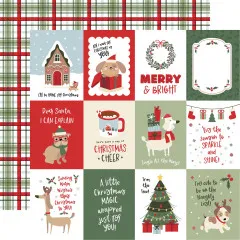 Einzelne Designpapiere des Santa Paws Kits mit Block-Designs, Spruchfeldern und verschiedenen Hunde-Weihnachtsmotiven in Rot, Grün und Creme