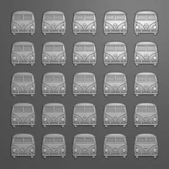 Prägefolder Nahaufnahme mit 25 geprägten Hippie-Bussen in grauem Kunststoff