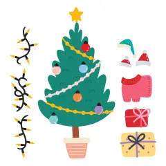 Nahaufnahme der Zubehör-Stanzformen: geschmückter Weihnachtsbaum, Lichterketten, Mützen, roter Pullover und Geschenke.