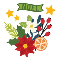 Nahaufnahme der gestanzten Elemente: Noel-Banner, Weihnachtsstern, Beerenzweig, Orangenscheibe und weiße Blüte.