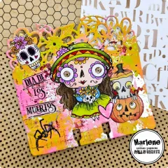 Farbenfrohe Dia de los Muertos Karte: Totenschädel-Dame mit Blumenhut, Kürbisse, Blüten, geometrische Formen