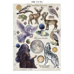 Seite mit ausschneidbaren Hirschen, Pegasus, Vögeln, Frosch, Wolf, Vollmond und Frau