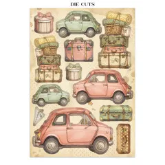 Die-Cuts Seite mit ausschneidbaren Motiven: bunte Autos in Rosa und Grün, Koffer, Hutschachteln, Vintage-Reisethema