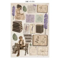 Die-Cuts Seite mit ausschneidbaren Büchern, Frauenfiguren, Lavendel und Text-Anhängern