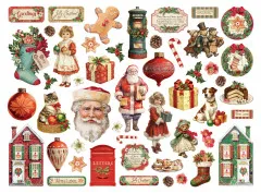 Sortierte Stamperia Die Cuts 'Classic Christmas': Santa, Briefkasten, Teddybären und Häuser.