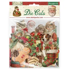 Verpackung der Stamperia Die Cuts Classic Christmas mit ausgestanzten Vintage-Figuren wie Katze, Weihnachtsmann, Mädchen, Hund und Lebkuchenmann.
