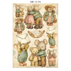 Die-Cuts Seite mit Familie von Mäusen in unterschiedlichen Outfits, Umschläge, Briefe und Teddybär zum Ausschneiden