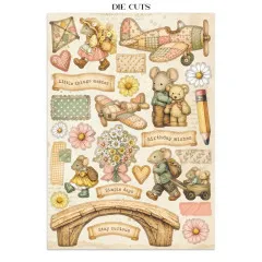 Die-Cuts-Seite mit Flugzeug, Mäuschen, Blüten, Teddy, Schriftzügen und Vintage-Ornamenten