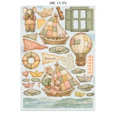 Die-Cuts-Seite mit Heißluftballon, Boot, Bootsmotiven, Mäusen und Vintage-Dekorationselementen