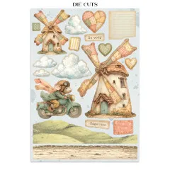 Die-Cuts-Seite mit Windmühle, Motorrad, Herzen, Häuschen, Wolken und Schriftzug 'So cozy'